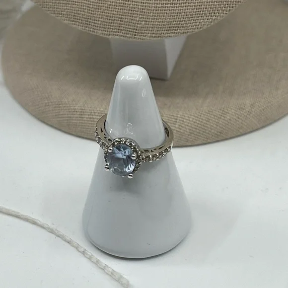 Vintage Estate Sterling Silver 925 Blue Topaz & Diamond Halo Ring – Size 6 - Picture 15 of 17